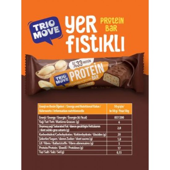Trio Move %33 Protein yer Fıstıklı ve Sütlü Çikolatalı 50 g x 9 Adet